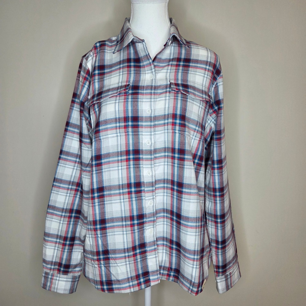 ExOfficio Womens L Plaid Button Down Shirt Blue Red White Hiking Travel Gorpcore